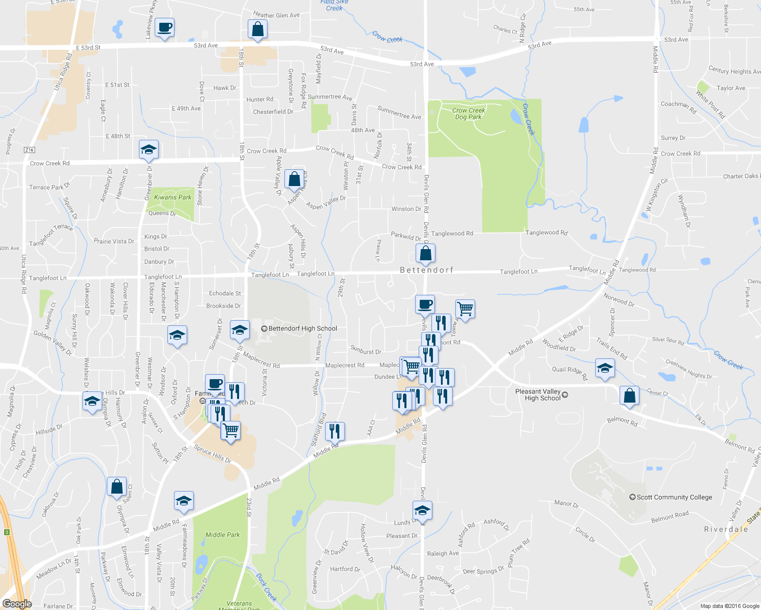 map of restaurants, bars, coffee shops, grocery stores, and more near 3582 Cedarview Ct in Bettendorf