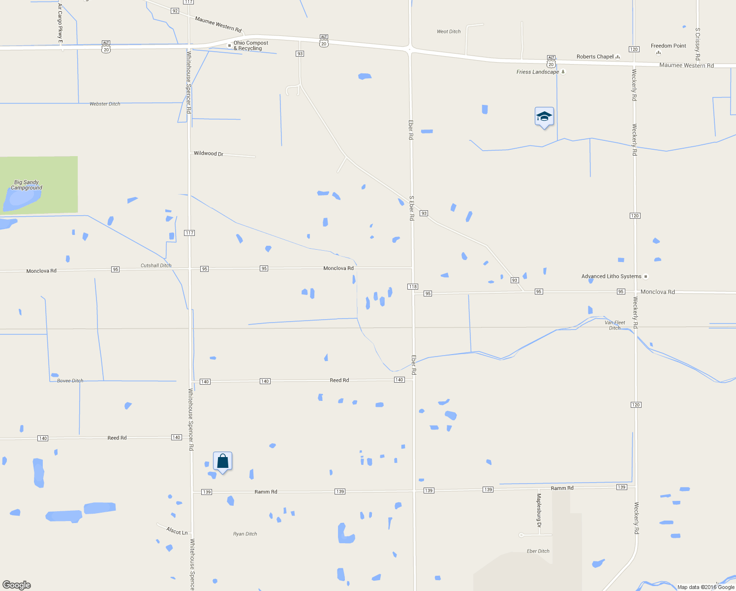 map of restaurants, bars, coffee shops, grocery stores, and more near 10343 Monclova Rd in Monclova