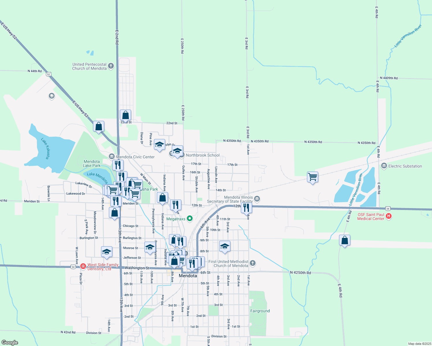 map of restaurants, bars, coffee shops, grocery stores, and more near 1703 Lincoln Avenue in Mendota