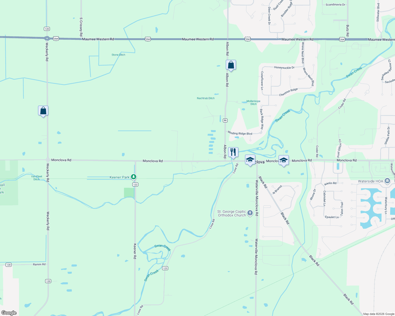 map of restaurants, bars, coffee shops, grocery stores, and more near 8340 Monclova Road in Monclova