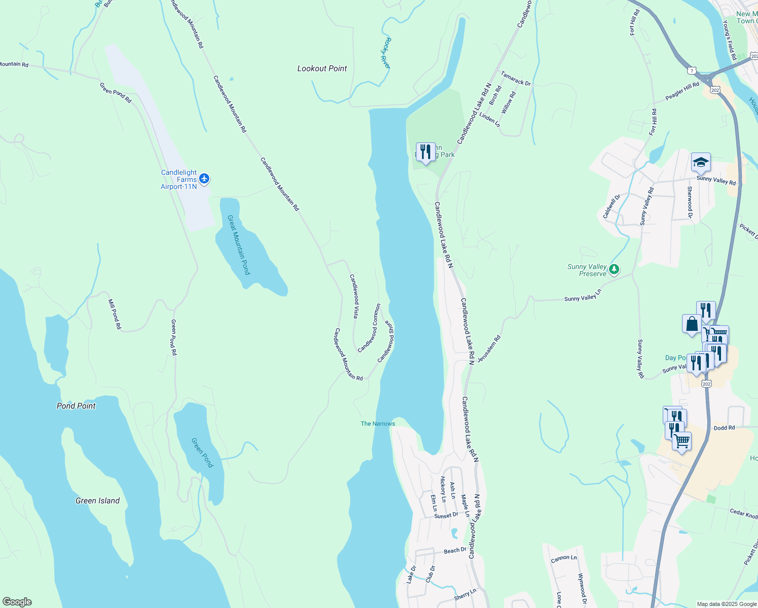 map of restaurants, bars, coffee shops, grocery stores, and more near 3 Candlewood Shore in New Milford