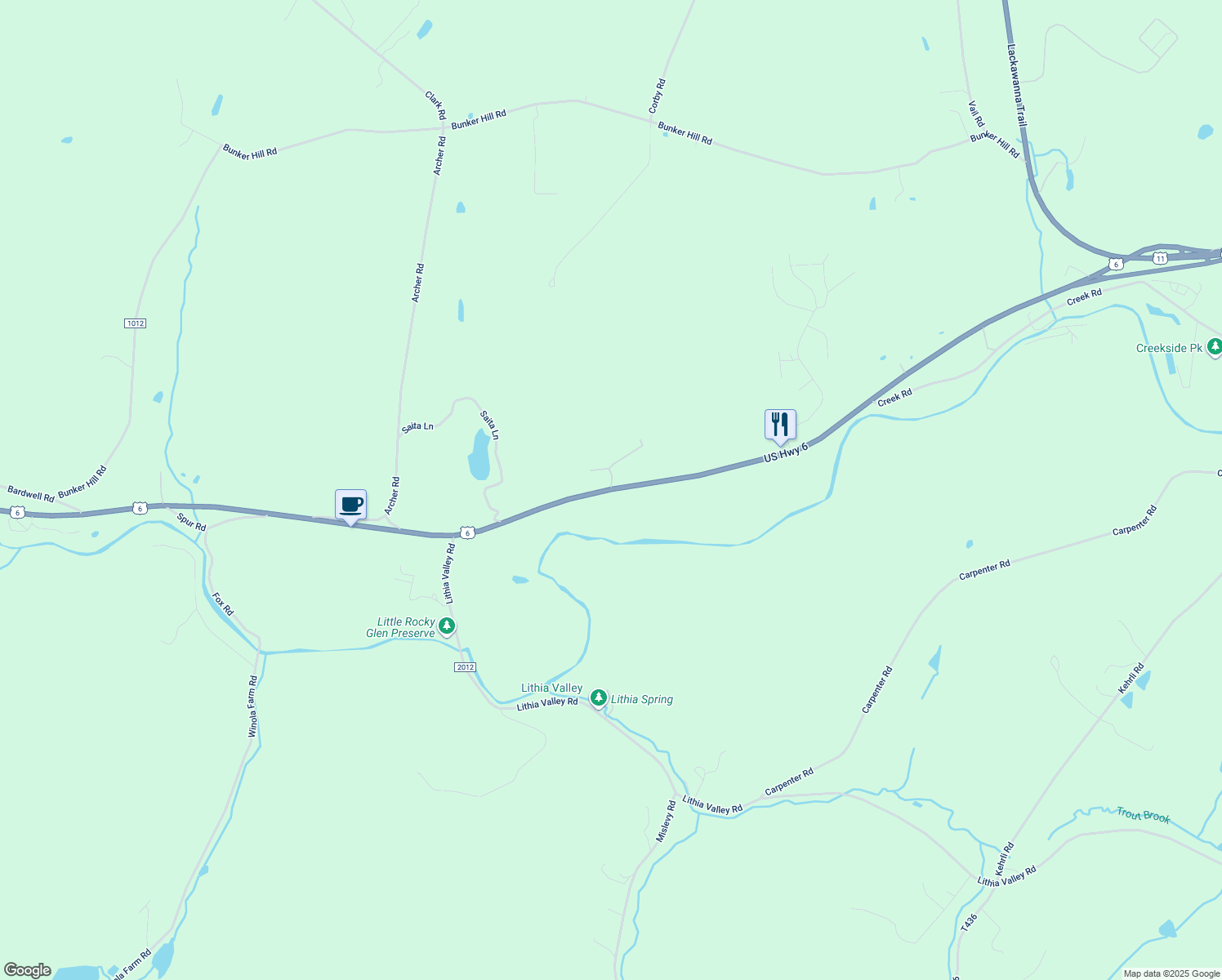 map of restaurants, bars, coffee shops, grocery stores, and more near U.S. 6 in Factoryville
