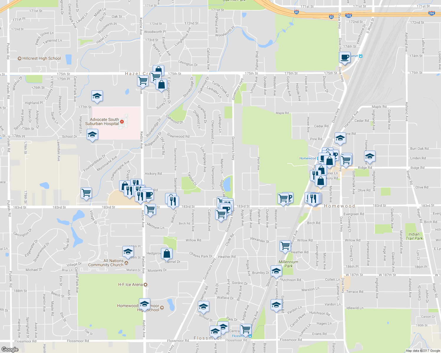 map of restaurants, bars, coffee shops, grocery stores, and more near 18118 Marlin Lane in Homewood