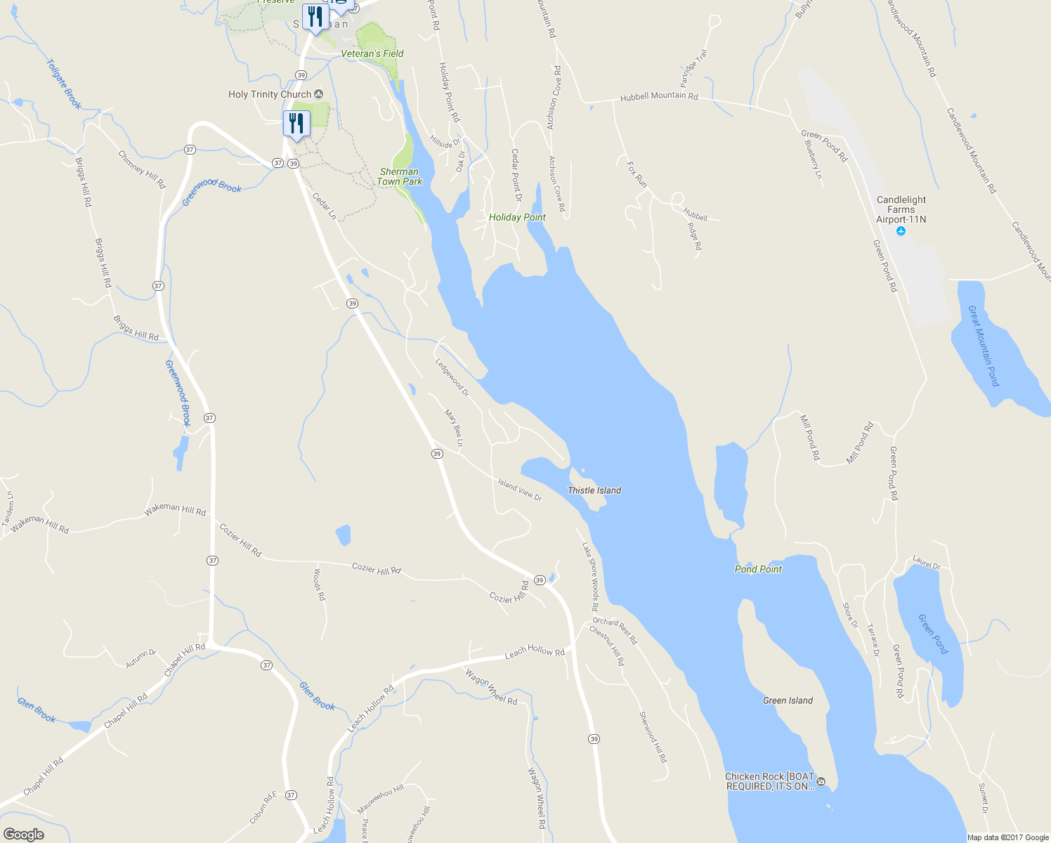 map of restaurants, bars, coffee shops, grocery stores, and more near 25 Deer Run Trail in Sherman