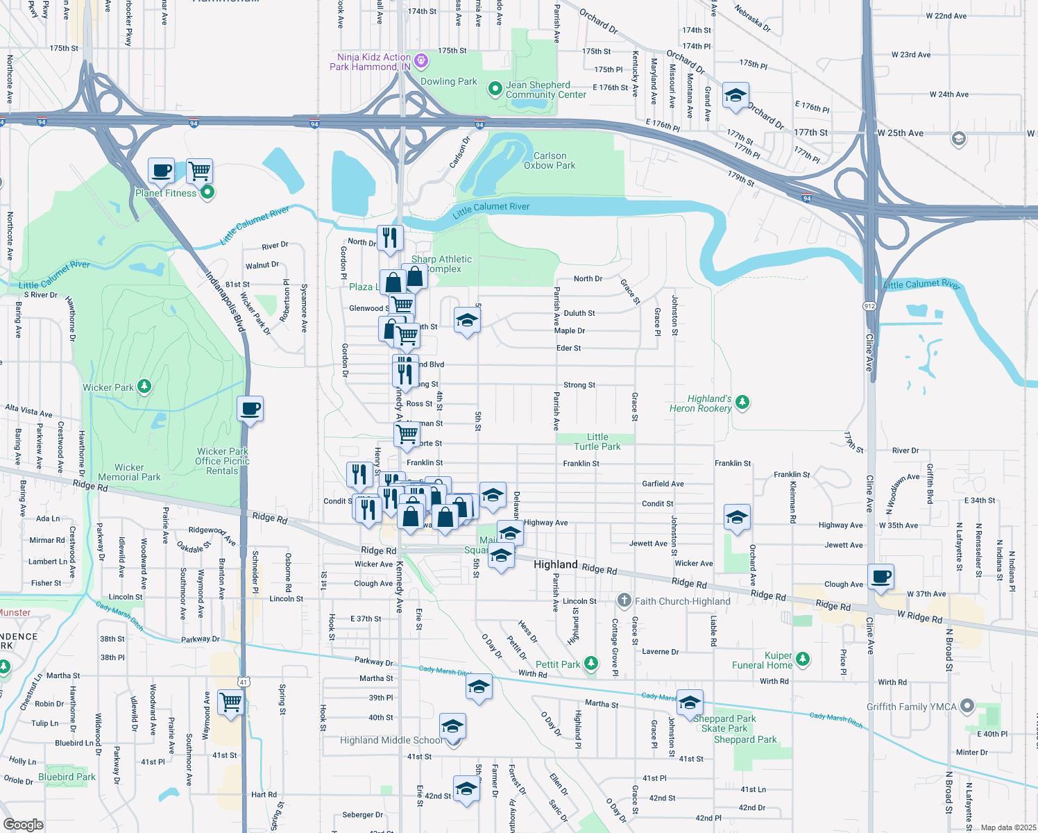 map of restaurants, bars, coffee shops, grocery stores, and more near 8417 Delaware Street in Highland