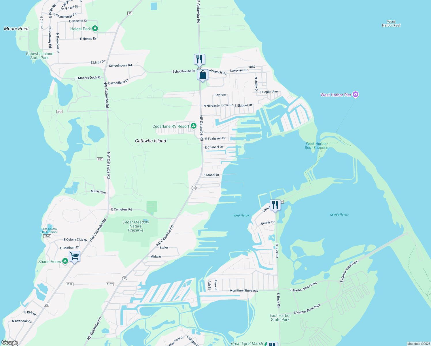map of restaurants, bars, coffee shops, grocery stores, and more near 5535 E Mabel Dr in Port Clinton