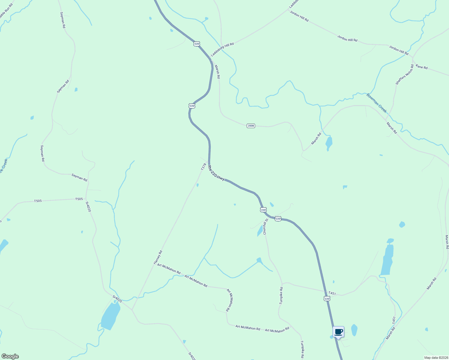 map of restaurants, bars, coffee shops, grocery stores, and more near 449 U.S. 220 in Dushore