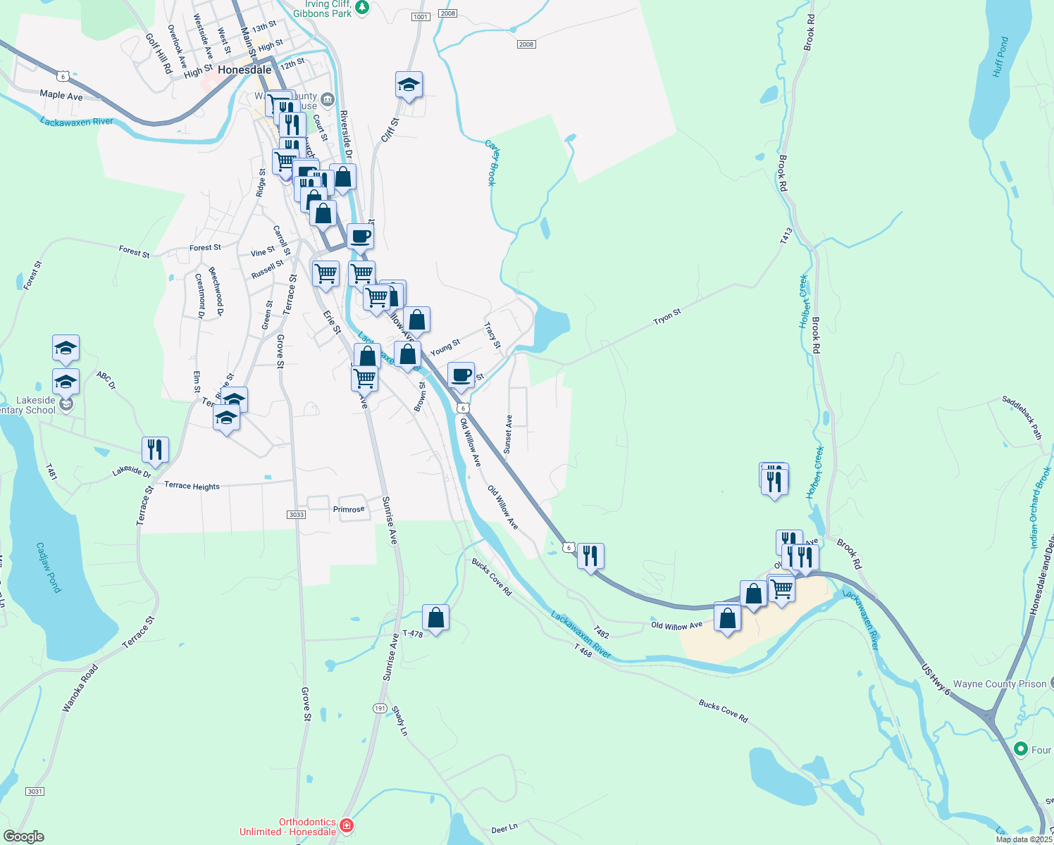 map of restaurants, bars, coffee shops, grocery stores, and more near 26 Elizabeth Avenue in Honesdale