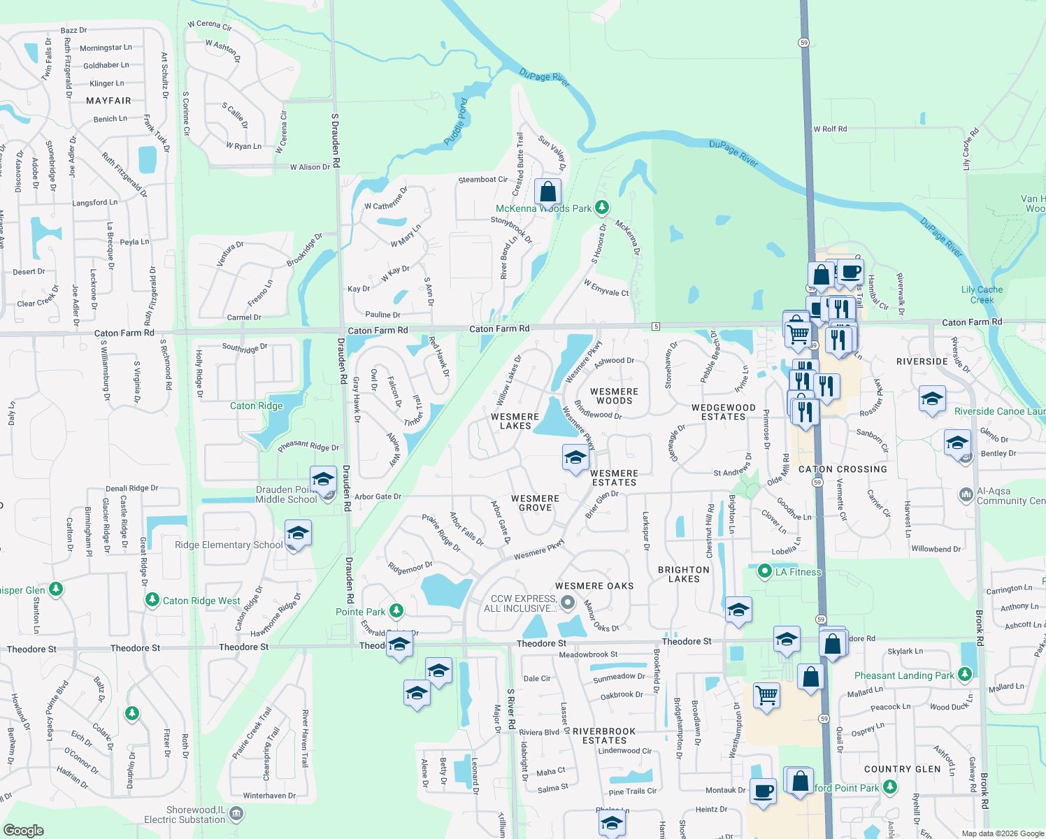 map of restaurants, bars, coffee shops, grocery stores, and more near 5551 Wesmere Lakes Court in Plainfield