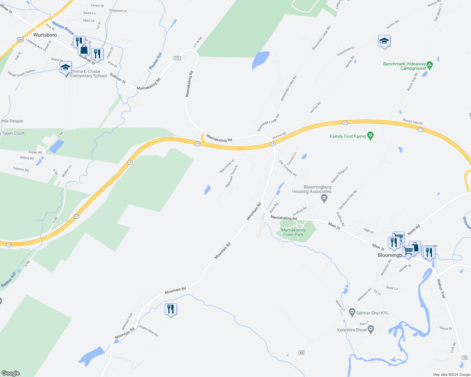 map of restaurants, bars, coffee shops, grocery stores, and more near 7 Moonlight Drive in Bloomingburg