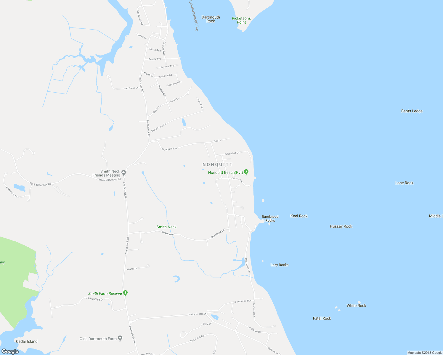 map of restaurants, bars, coffee shops, grocery stores, and more near Nonquitt Avenue in Dartmouth