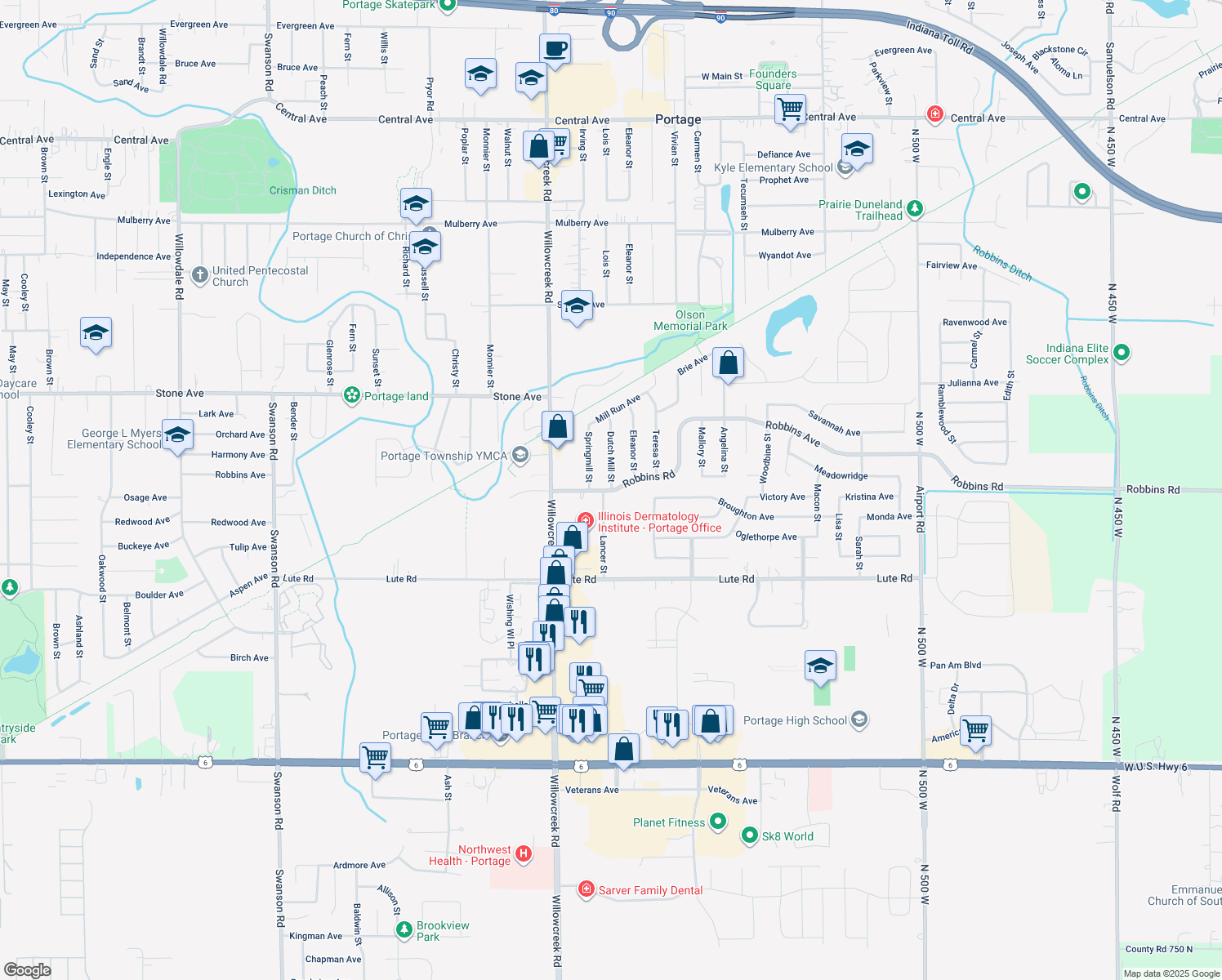 map of restaurants, bars, coffee shops, grocery stores, and more near 3198 Dutch Mill Street in Portage
