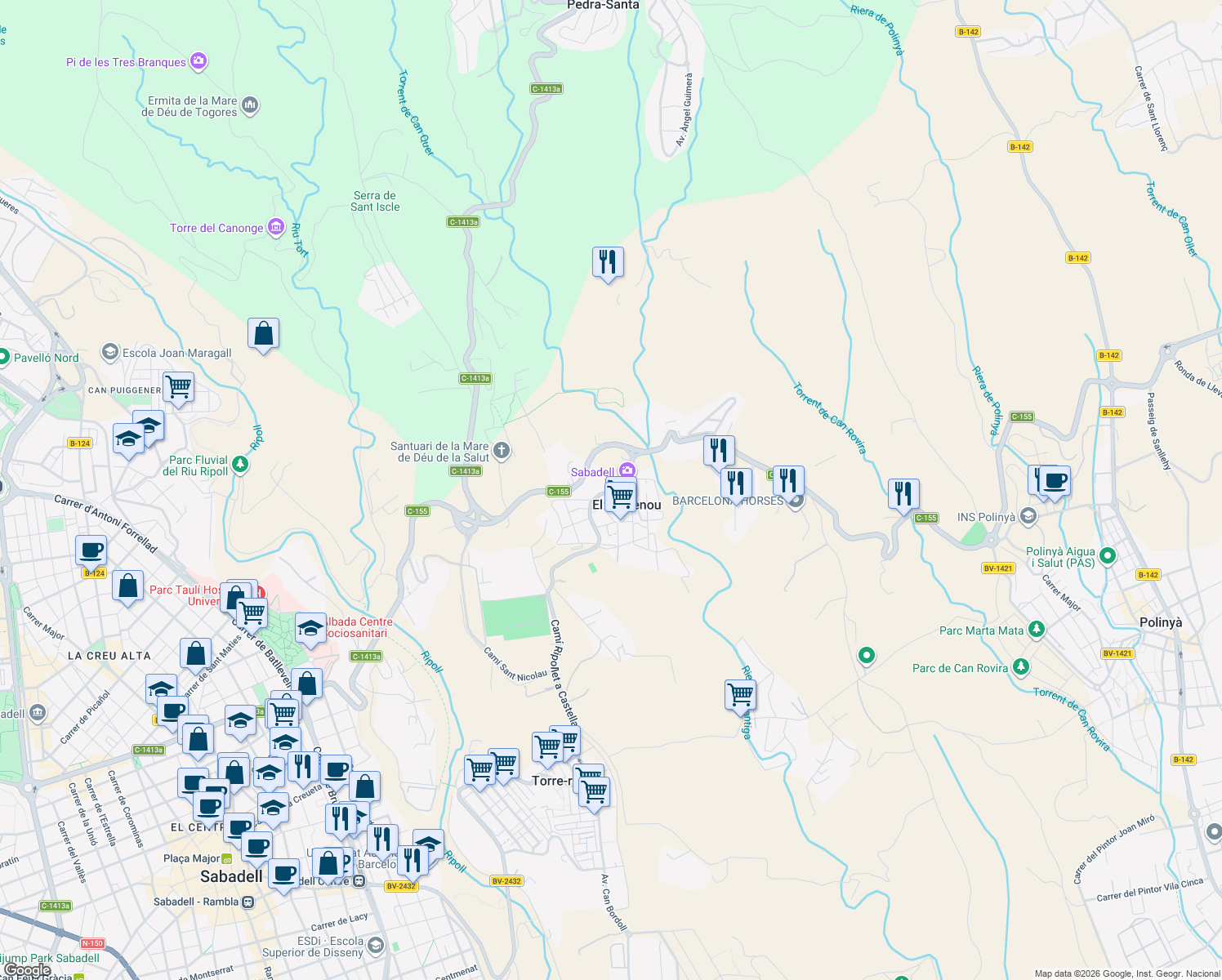 map of restaurants, bars, coffee shops, grocery stores, and more near 1A Carrer Luján in El Poblenou