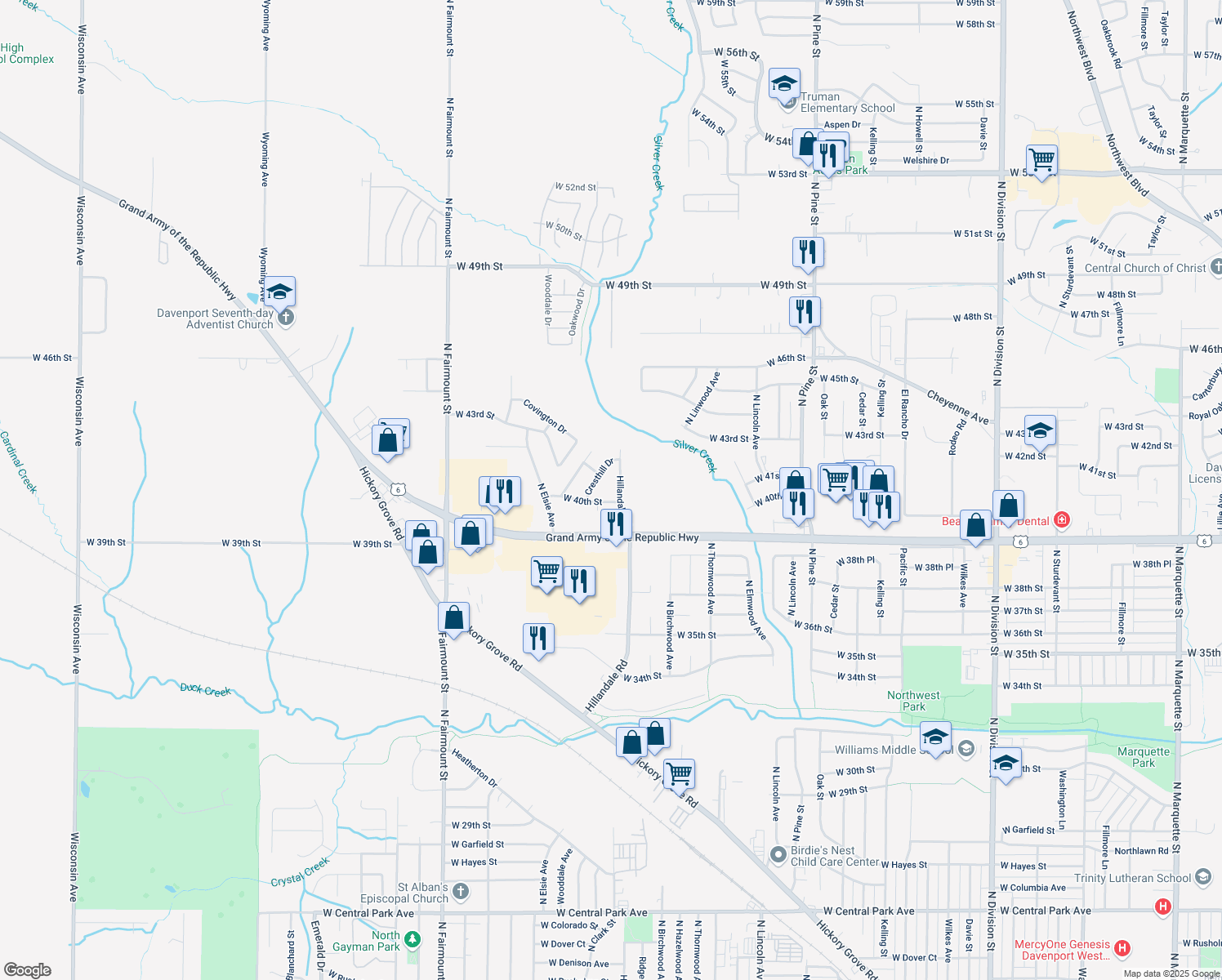 map of restaurants, bars, coffee shops, grocery stores, and more near 4016 Hillandale Road in Davenport