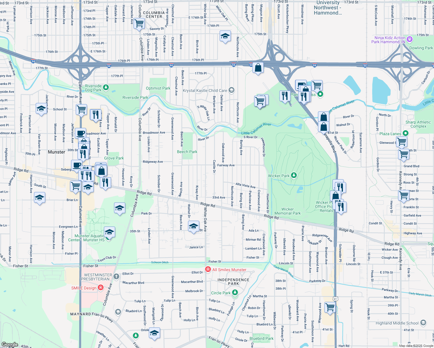 map of restaurants, bars, coffee shops, grocery stores, and more near 8331 Castle Dr in Munster