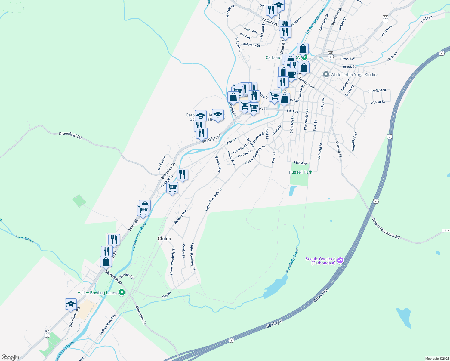 map of restaurants, bars, coffee shops, grocery stores, and more near 147 Upper Powderly Street in Carbondale