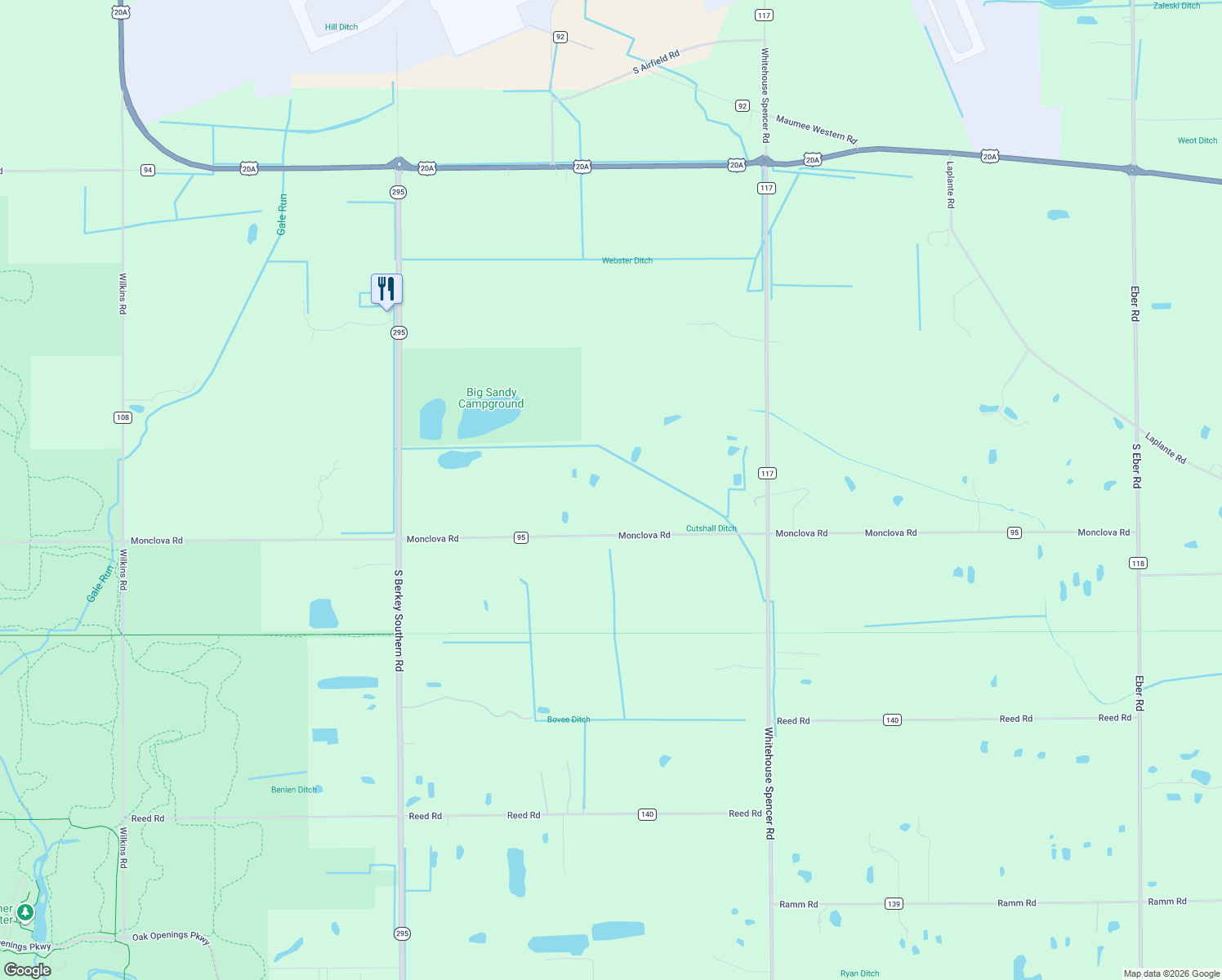 map of restaurants, bars, coffee shops, grocery stores, and more near 11310 Monclova Rd in Monclova