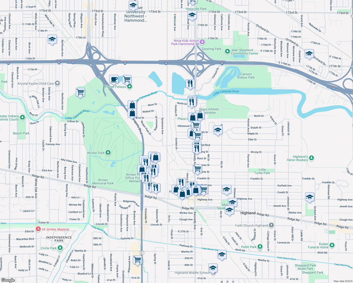 map of restaurants, bars, coffee shops, grocery stores, and more near 8259 Gordon Drive in Highland