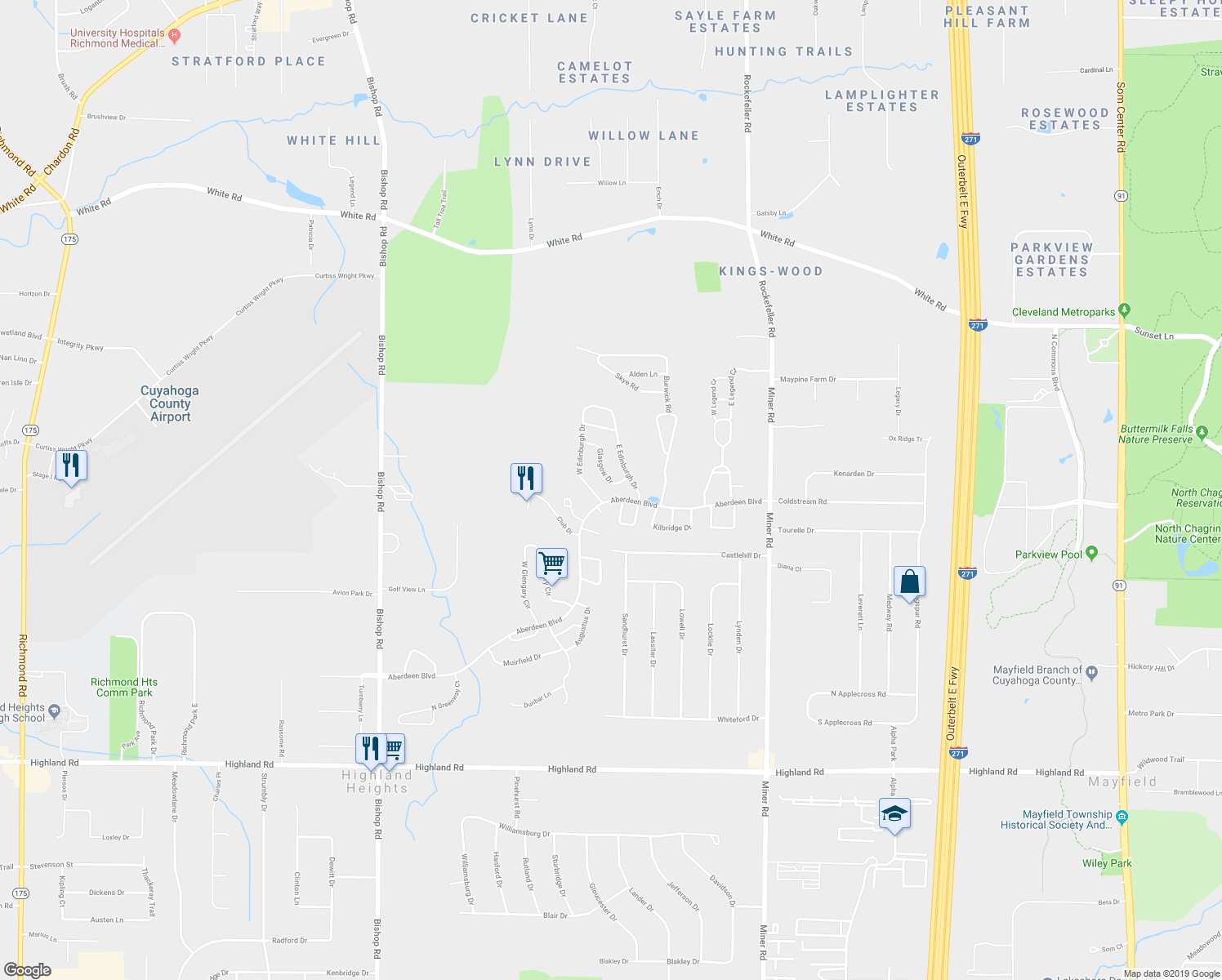 map of restaurants, bars, coffee shops, grocery stores, and more near 350 Glasgow Drive in Highland Heights
