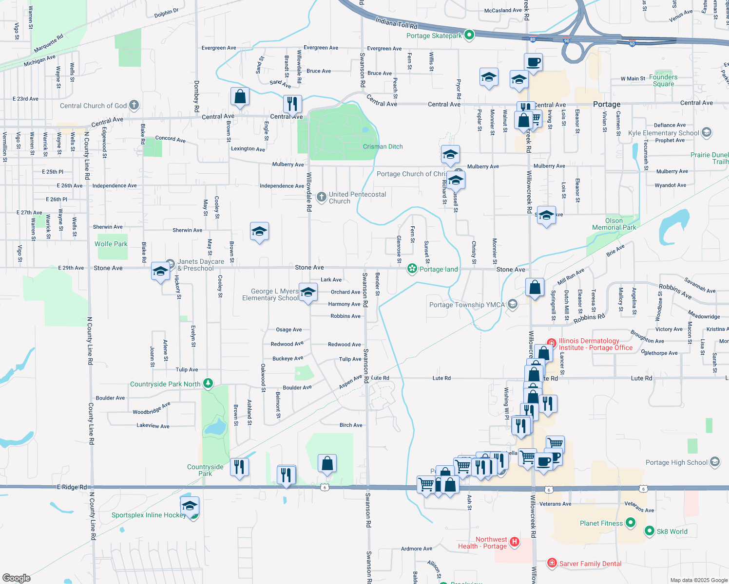 map of restaurants, bars, coffee shops, grocery stores, and more near 5682 Orchard Ave in Portage