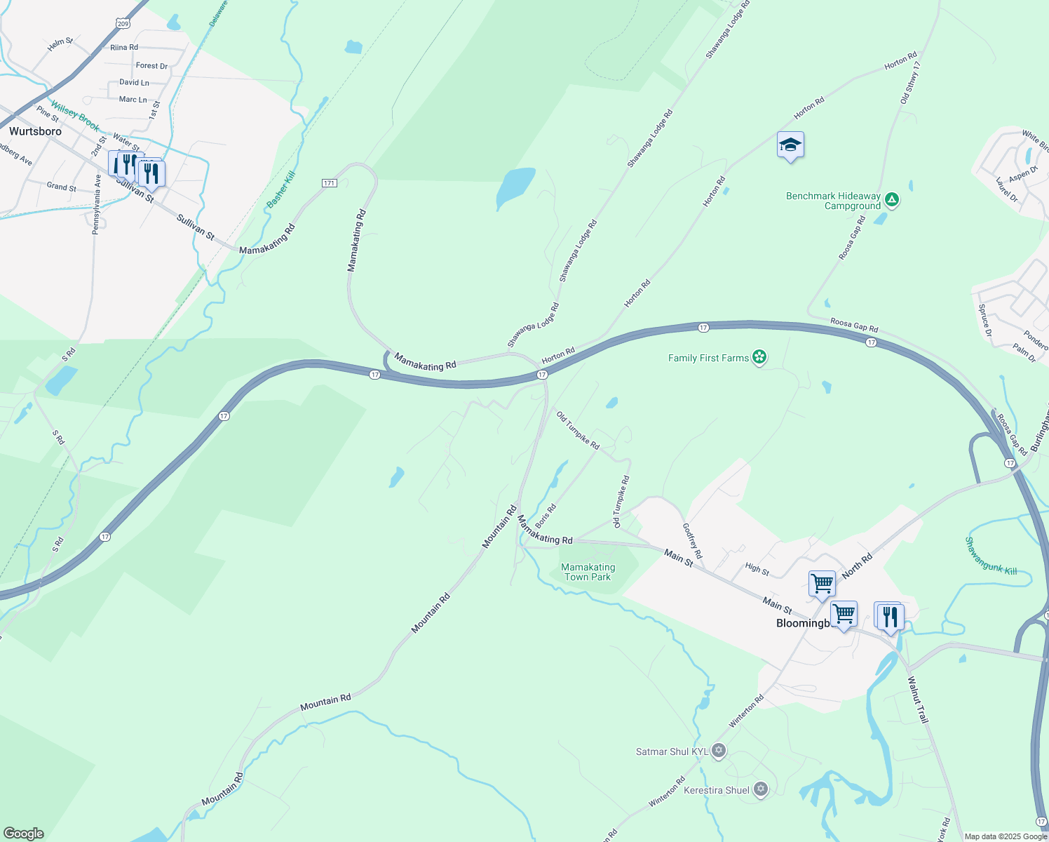 map of restaurants, bars, coffee shops, grocery stores, and more near 20 Evergreen Lane in Bloomingburg