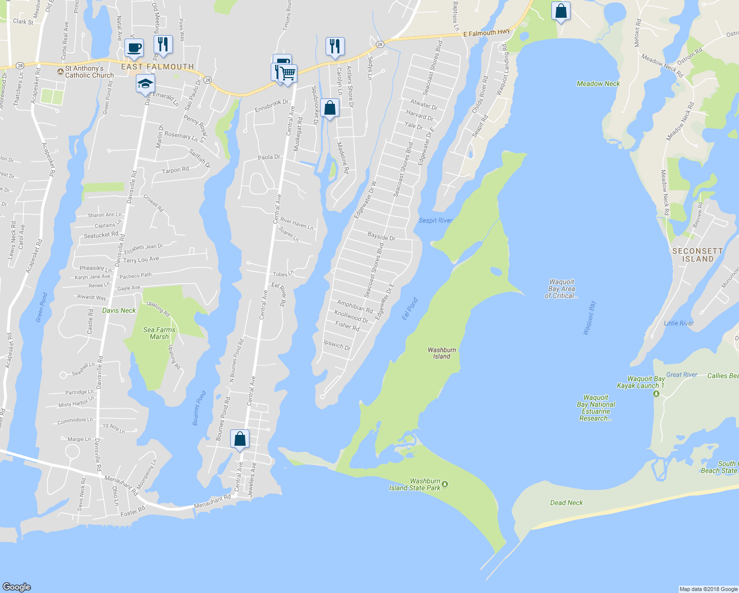 map of restaurants, bars, coffee shops, grocery stores, and more near 318 Seacoast Shores Boulevard in Falmouth