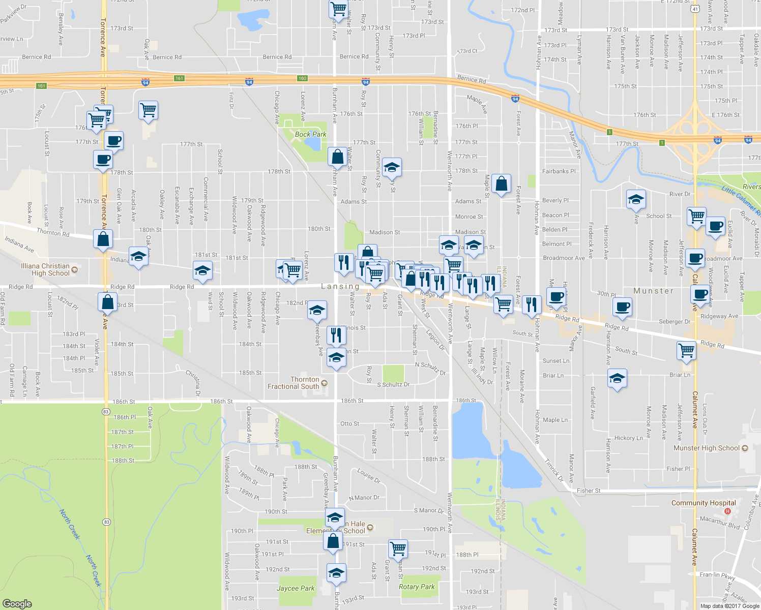 map of restaurants, bars, coffee shops, grocery stores, and more near 18242 Ada Street in Lansing