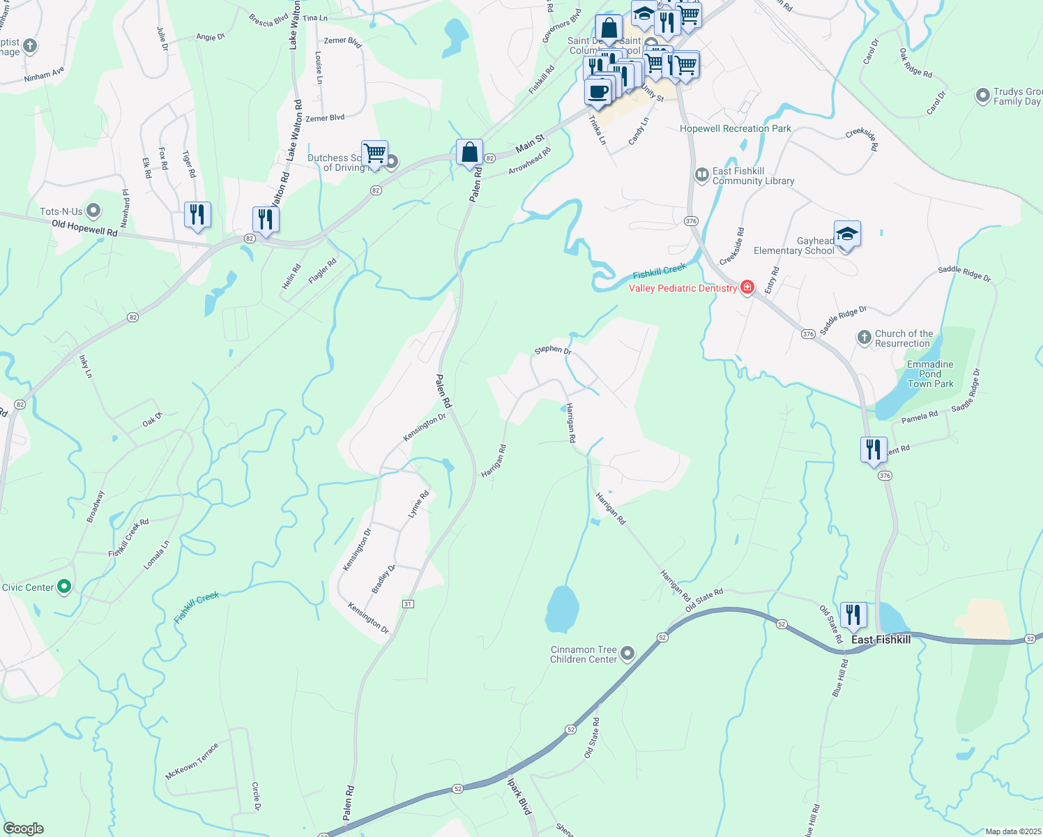 map of restaurants, bars, coffee shops, grocery stores, and more near 99 Harrigan Road in Hopewell Junction
