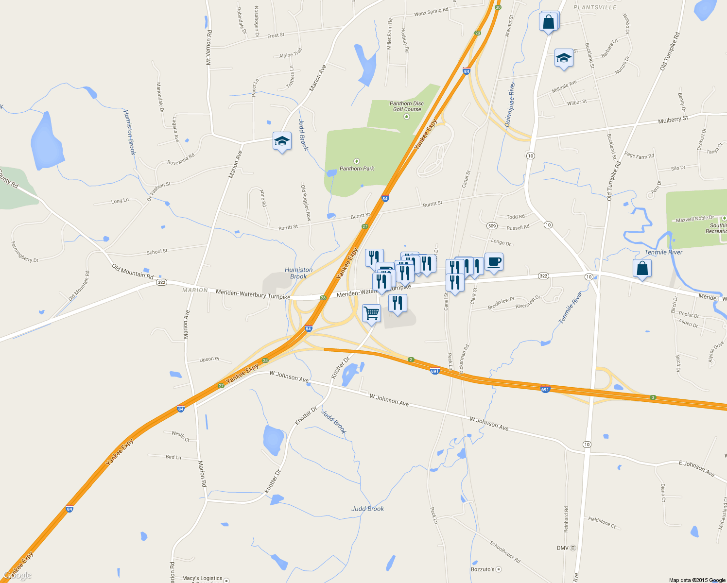 map of restaurants, bars, coffee shops, grocery stores, and more near Meriden-Waterbury Turnpike in Cheshire