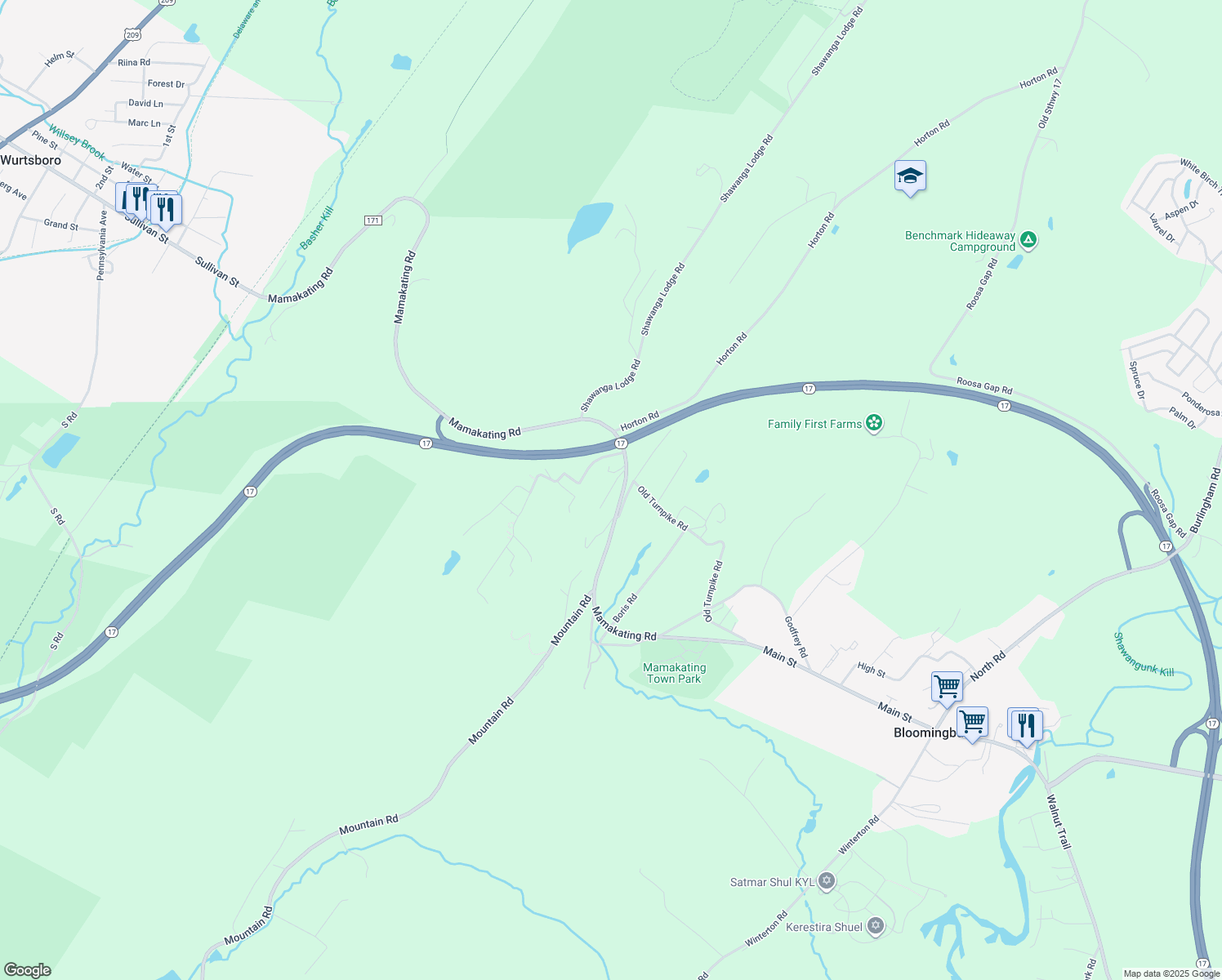 map of restaurants, bars, coffee shops, grocery stores, and more near 20 Evergreen Lane in Bloomingburg