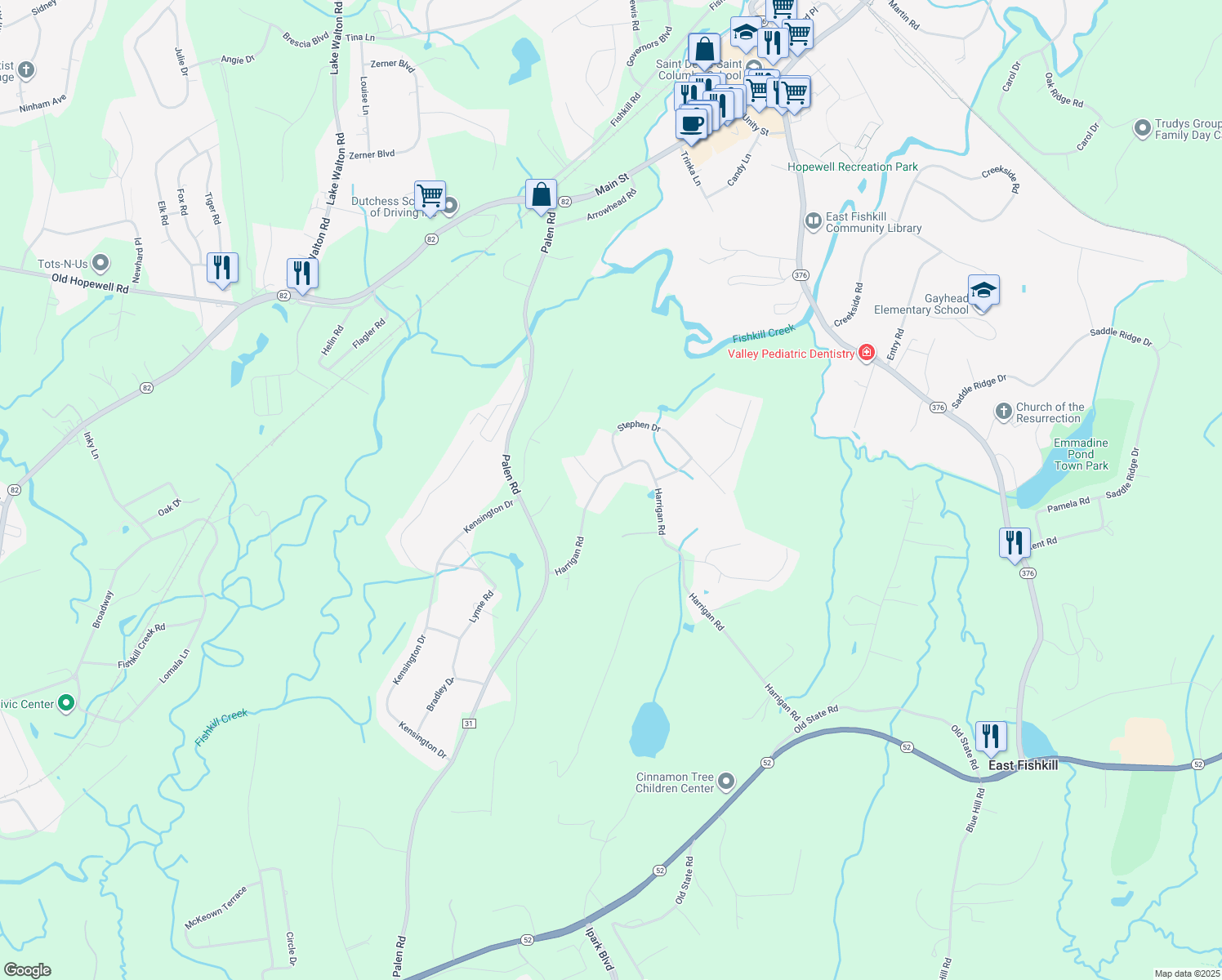 map of restaurants, bars, coffee shops, grocery stores, and more near 99 Harrigan Road in Hopewell Junction
