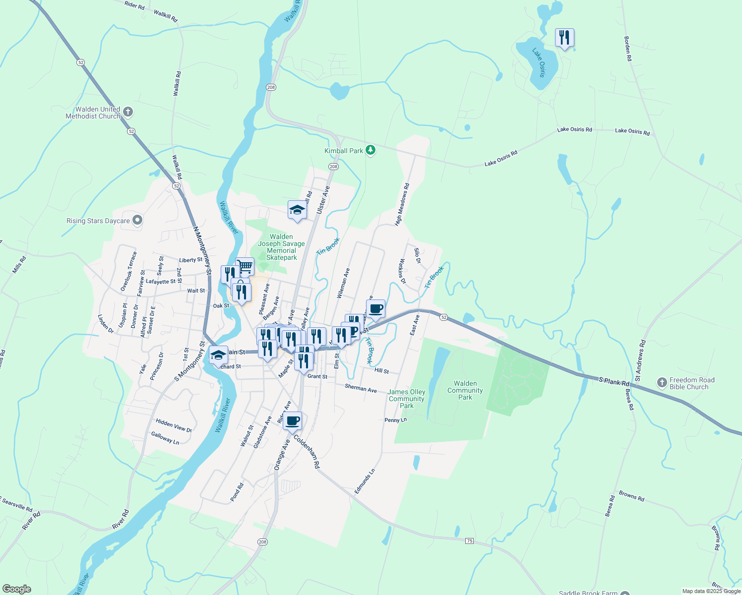 map of restaurants, bars, coffee shops, grocery stores, and more near 36 Oakland Avenue in Walden