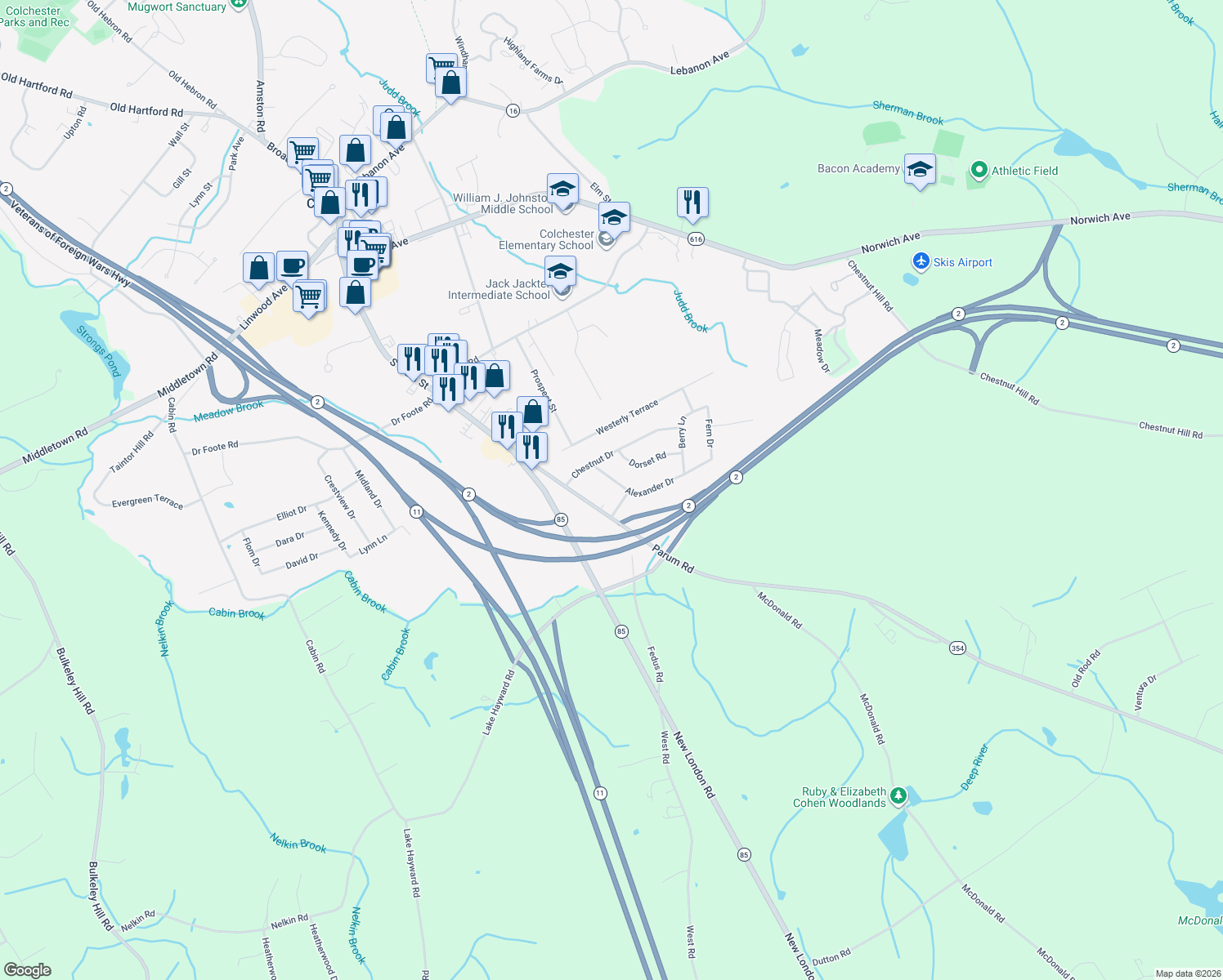 map of restaurants, bars, coffee shops, grocery stores, and more near 52 Alexander Dr in Colchester