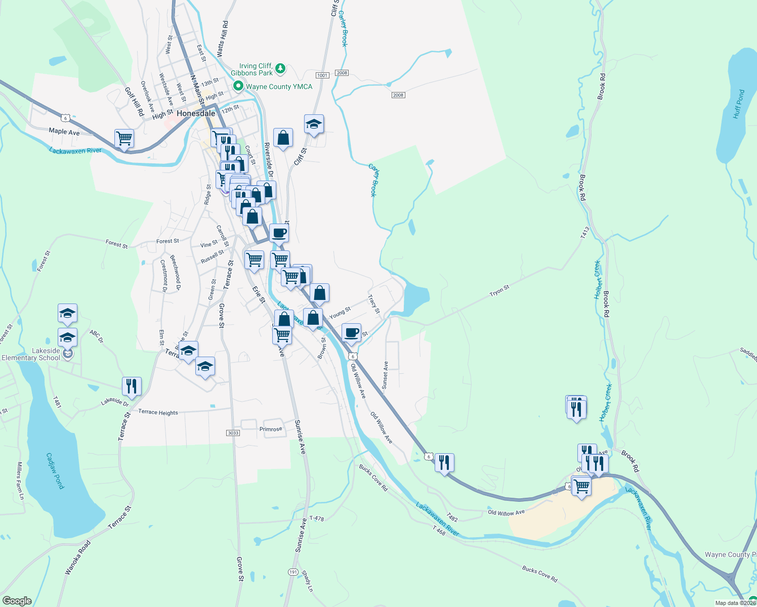 map of restaurants, bars, coffee shops, grocery stores, and more near 317 Tracy Street in Honesdale