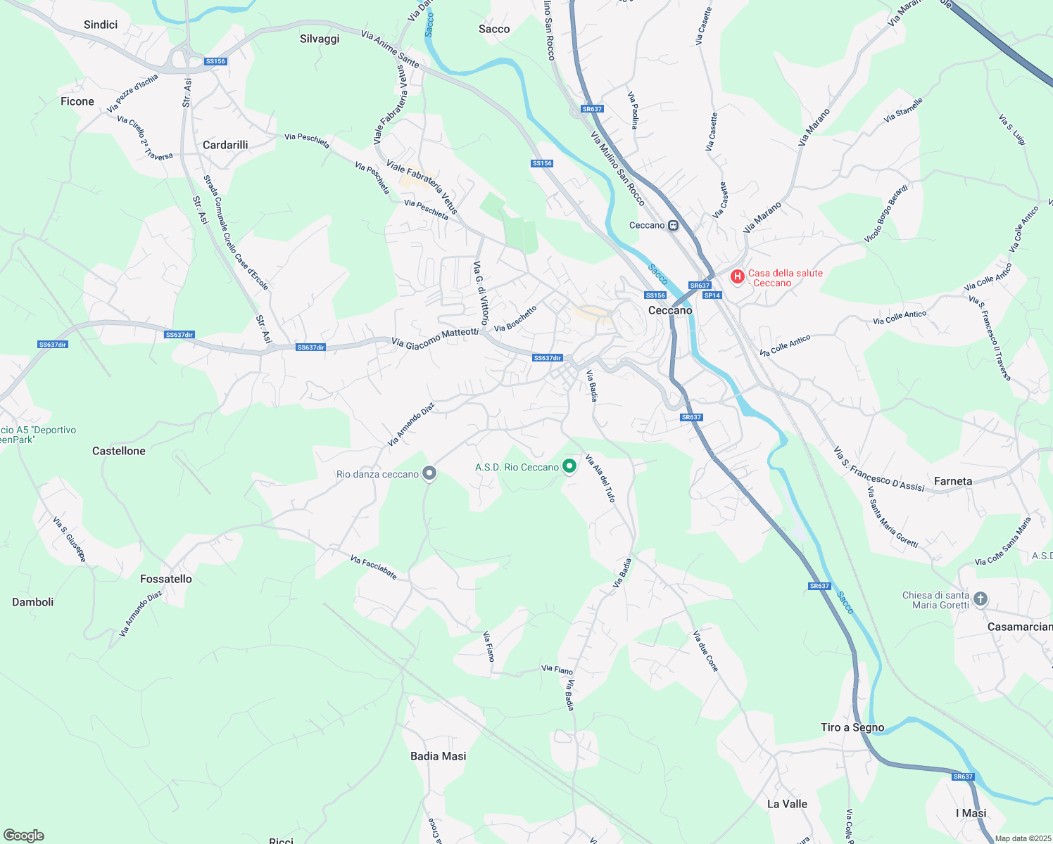 map of restaurants, bars, coffee shops, grocery stores, and more near 156 Via Madonna del Carmine in Ceccano