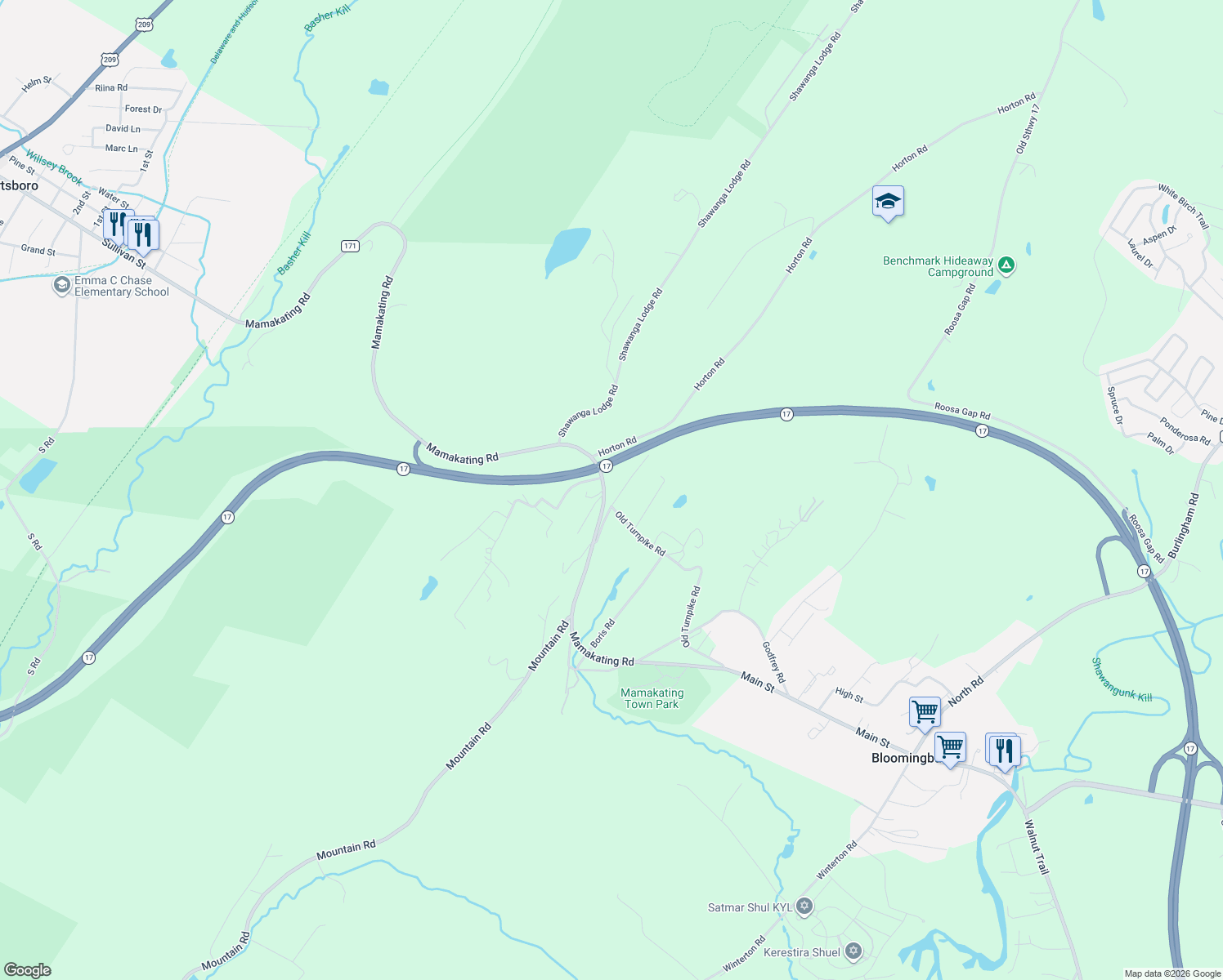 map of restaurants, bars, coffee shops, grocery stores, and more near 27 Horton Road Extension in Bloomingburg