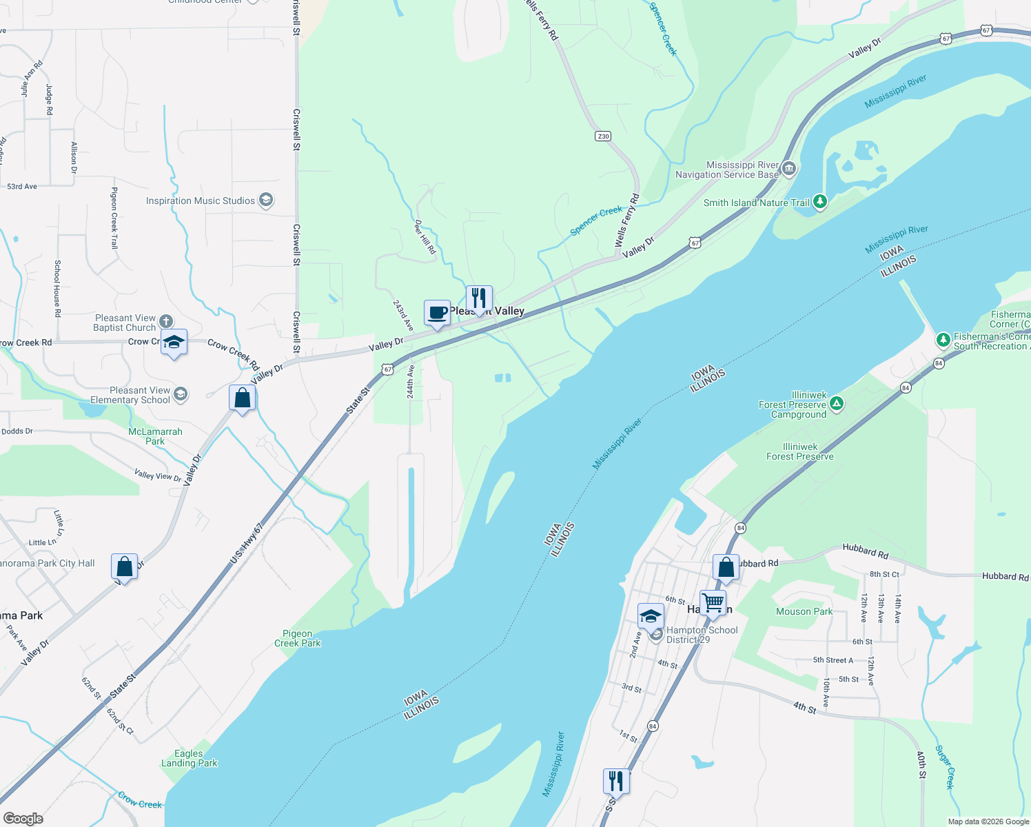 map of restaurants, bars, coffee shops, grocery stores, and more near 24701 178th St in Bettendorf