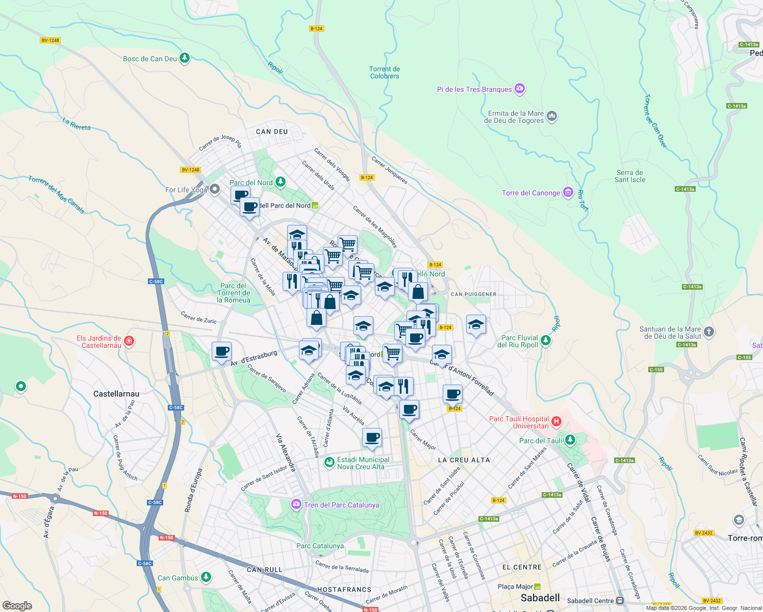 map of restaurants, bars, coffee shops, grocery stores, and more near 15 Carrer d'Ordesa in Sabadell