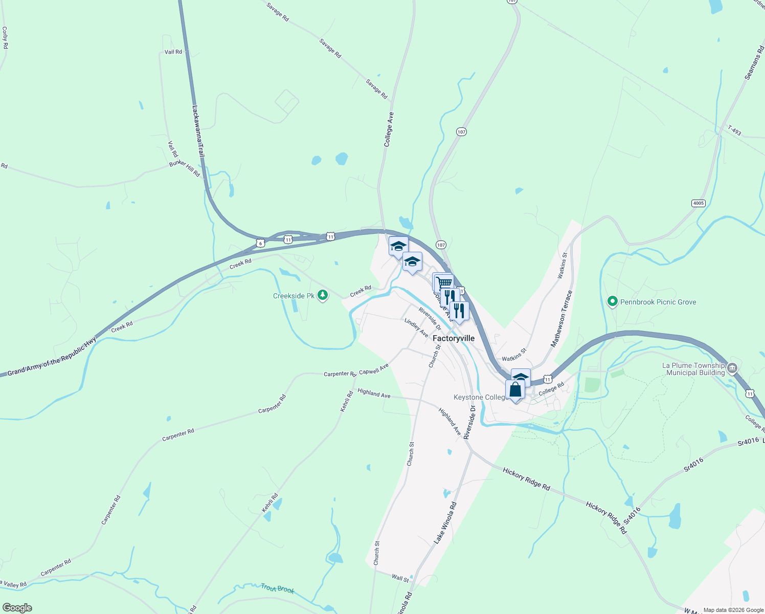 map of restaurants, bars, coffee shops, grocery stores, and more near 76 Lindley Ave in Factoryville