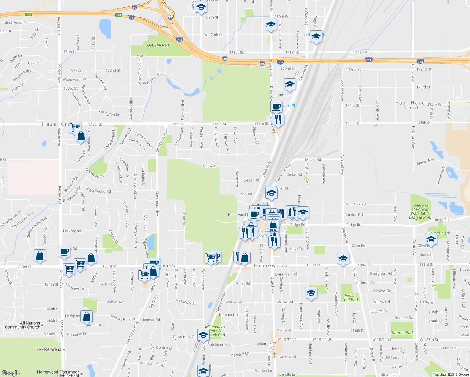 map of restaurants, bars, coffee shops, grocery stores, and more near 17846 Howe Avenue in Homewood