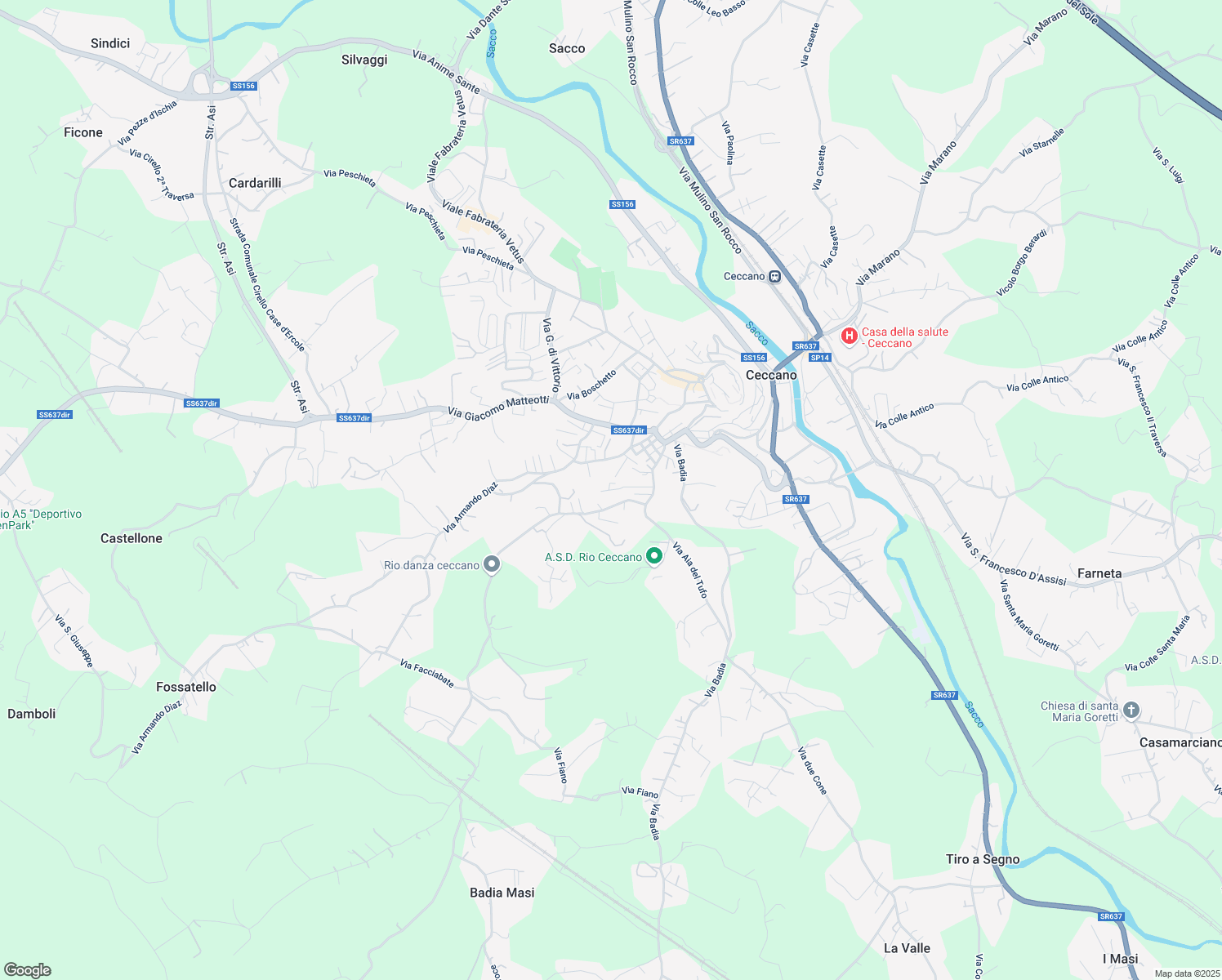 map of restaurants, bars, coffee shops, grocery stores, and more near 156 Via Madonna del Carmine in Ceccano