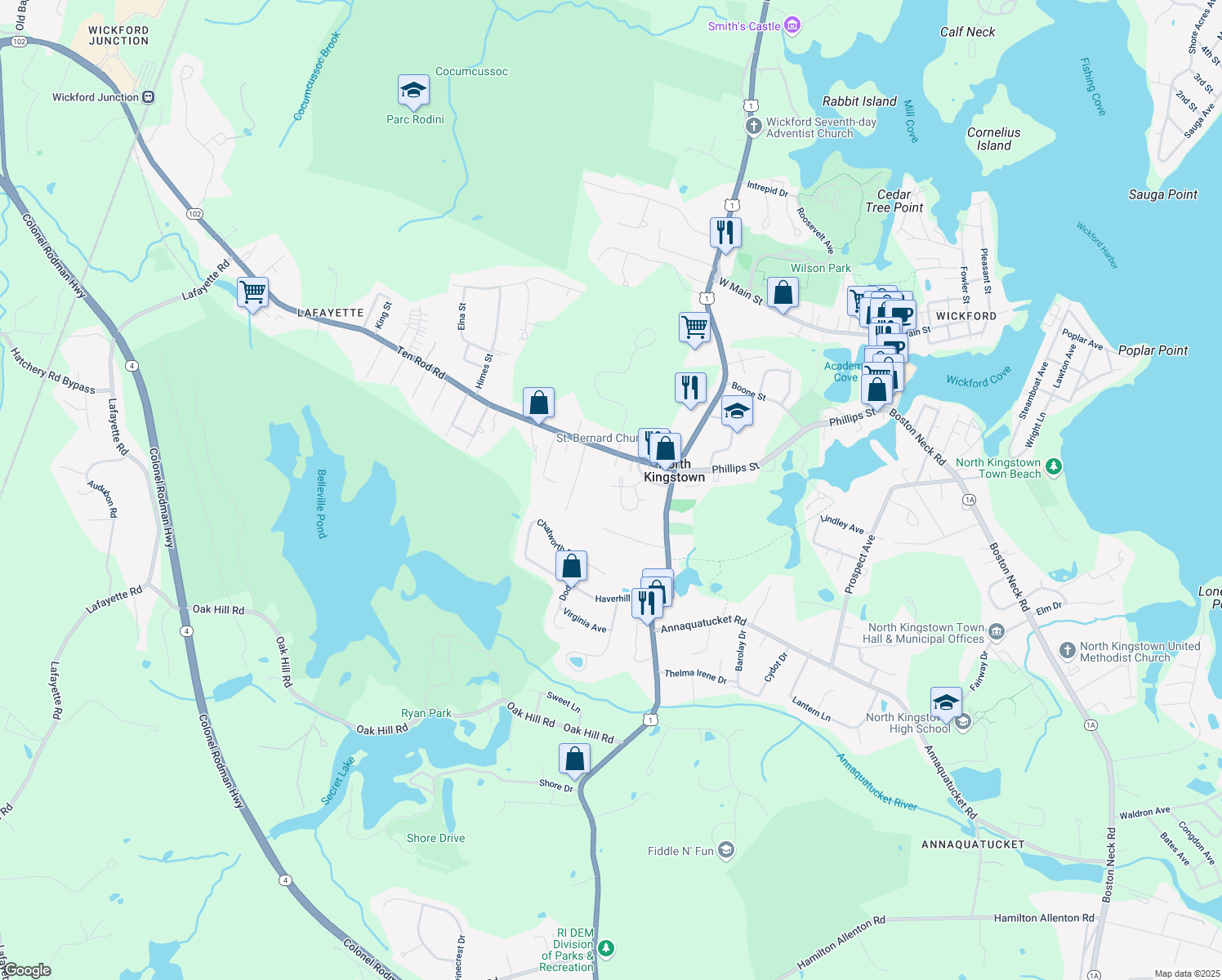map of restaurants, bars, coffee shops, grocery stores, and more near 50 Spencer Drive in North Kingstown