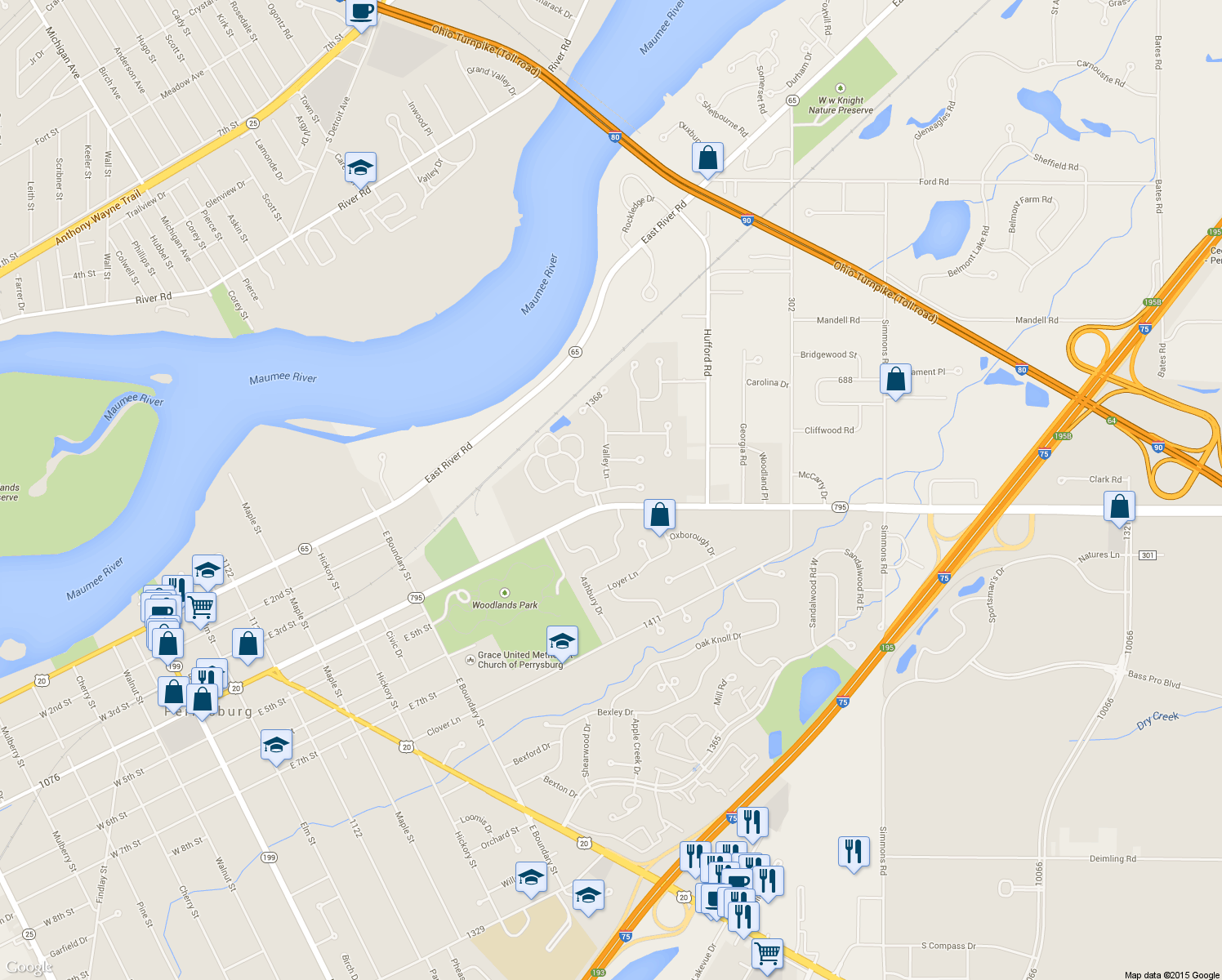 map of restaurants, bars, coffee shops, grocery stores, and more near 1000 Valley Bluff Drive in Perrysburg