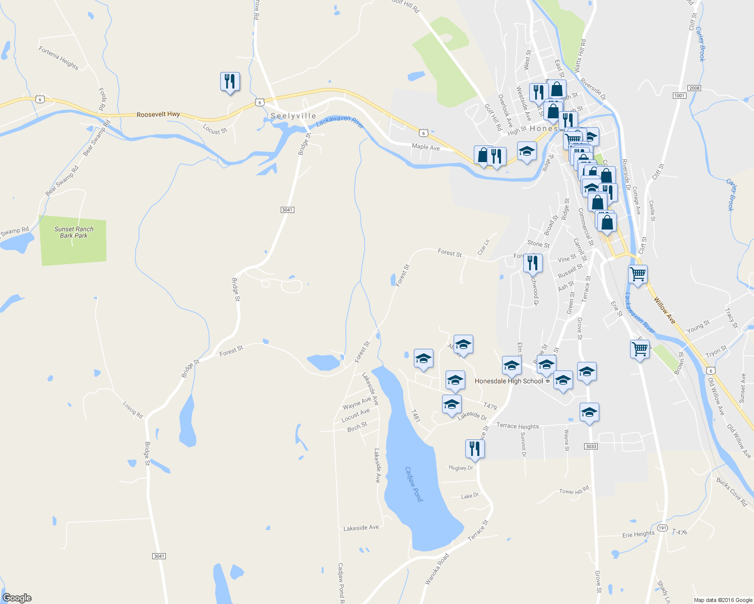 map of restaurants, bars, coffee shops, grocery stores, and more near 400 Forest St in Honesdale