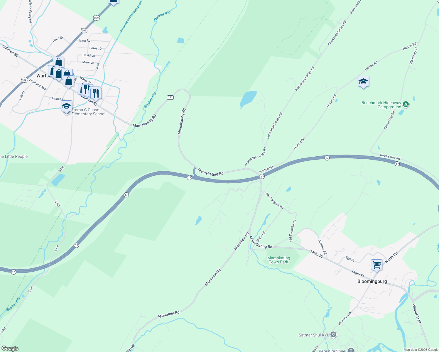 map of restaurants, bars, coffee shops, grocery stores, and more near 261 Mamakating Road in Bloomingburg