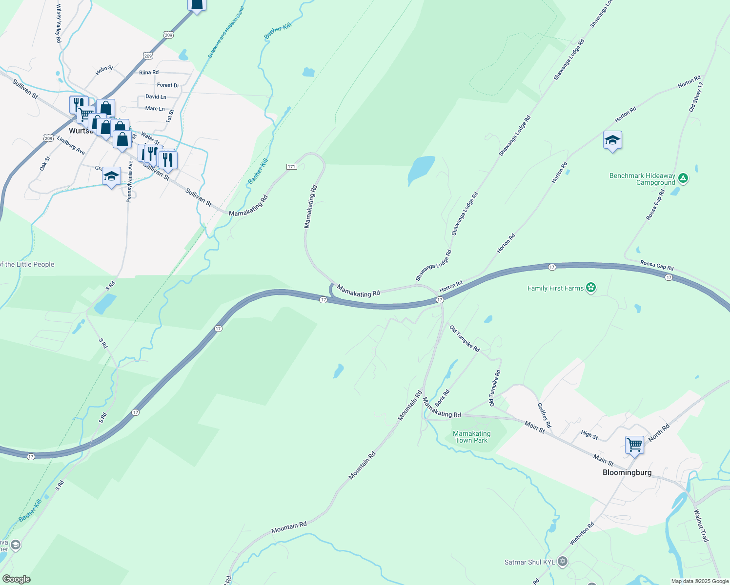 map of restaurants, bars, coffee shops, grocery stores, and more near 272 Mamakating Road in Bloomingburg