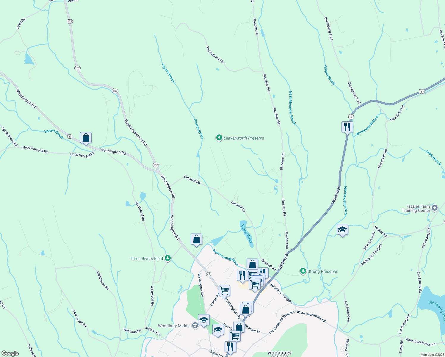 map of restaurants, bars, coffee shops, grocery stores, and more near 200 Quassuk Road in Woodbury