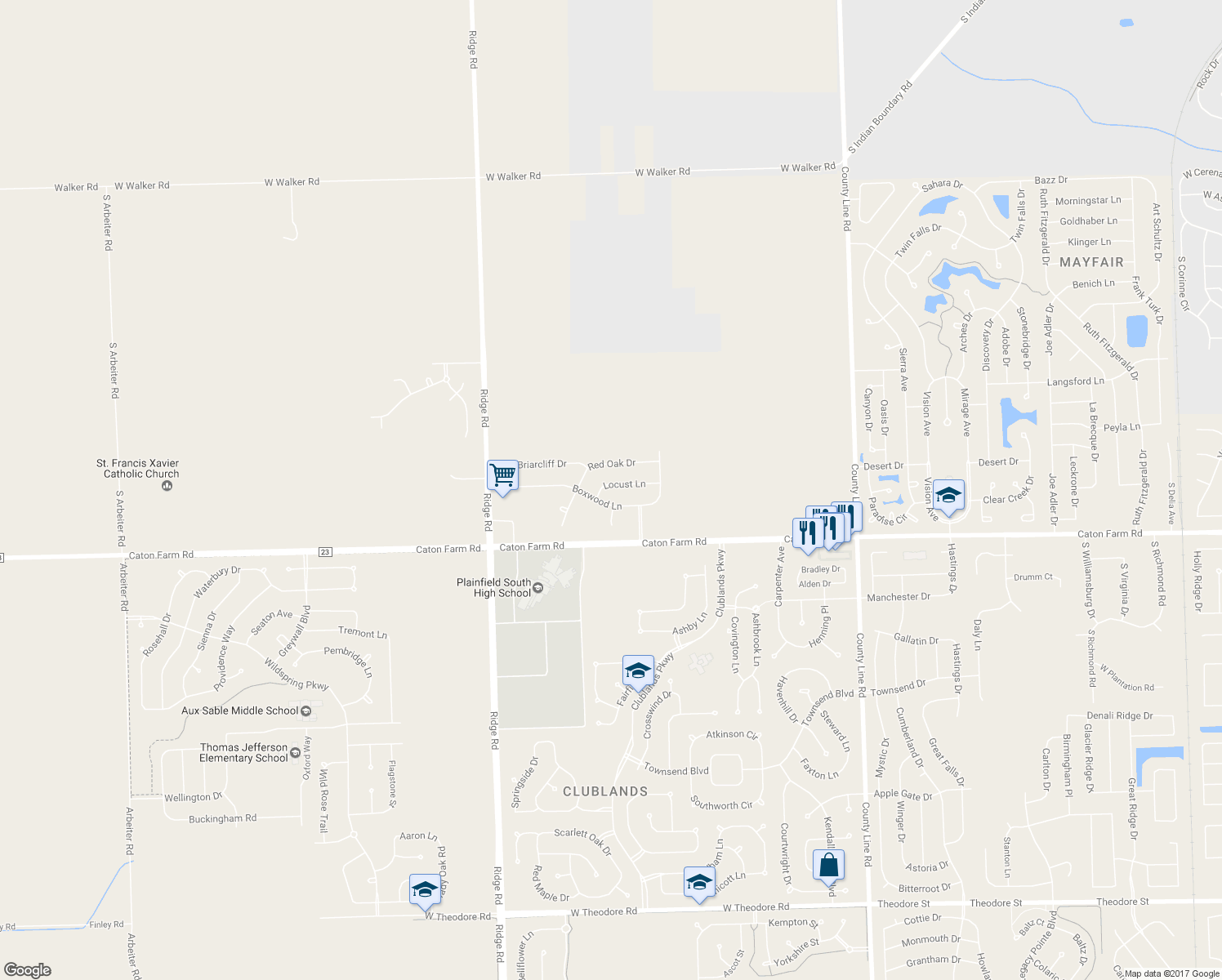 map of restaurants, bars, coffee shops, grocery stores, and more near 7606 Locust Lane in Plainfield