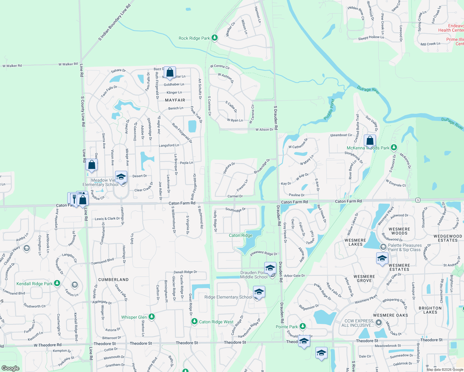map of restaurants, bars, coffee shops, grocery stores, and more near 2414 Brookridge Drive in Plainfield