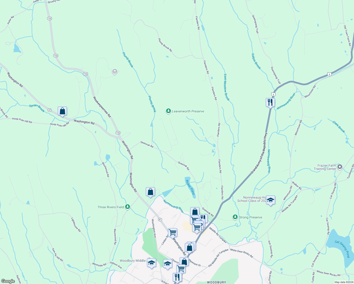 map of restaurants, bars, coffee shops, grocery stores, and more near 200 Quassuk Road in Woodbury